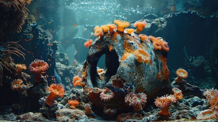Ceramic Vessel Swaying in Coral Reef Symbiosis Deep Ocean
