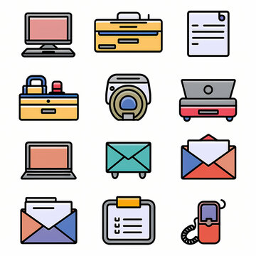Colorful retro icons for various office activities. Created with AI.