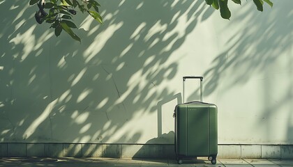 editorial minimalist shot of a forest green suitcase against a large white wall with a small opening, evoking a muted exotic rainforest - obrazy, fototapety, plakaty