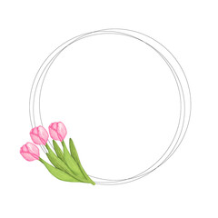 Watercolor circle tulip frame. Hand drawn pink tulip flowers for design,birthday, invitations, logo, mother's day, women's day