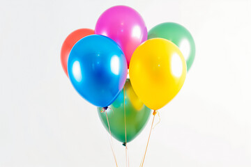 Colorful balloons in red, blue, yellow, and pink against a white background