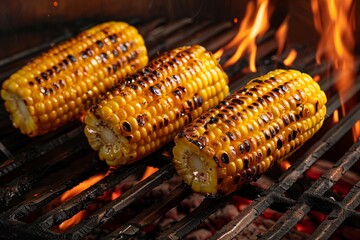 Corn cobs grilling over an open flame.
