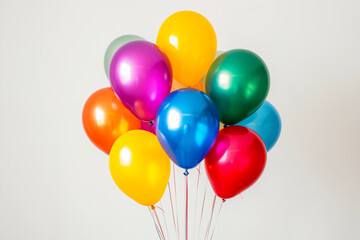 Colorful balloons in red, blue, yellow, and pink against a white background