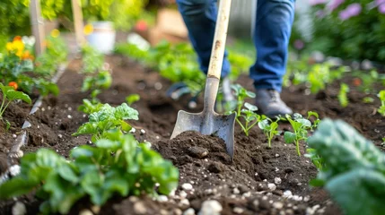 Fotobehang Gardening task  preparing soil for vegetable planting by digging and weeding in the garden © RECARTFRAME CH