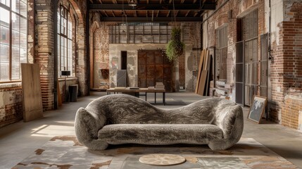 A unique three-seater sofa with an architectural silhouette, placed in an art studio that combines old-world brick textures with new-age, avant-garde aesthetics