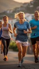 Joyful friends in sportswear running outdoors against urban skyline during golden hour