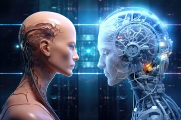 Close-up of two robot faces, symbolizing advanced artificial intelligence and technology, concept of future. Futuristic Android Head Meeting Humanoid Robot