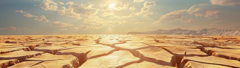 A stark desert scene at midday, showcasing the cracked land's response to the scorching sun and global crisis.