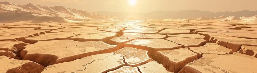 Sunbaked Earth: Cracked Desert Landscape at Sunset
