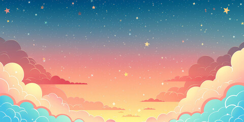 Cute pastel background with pink, blue and white clouds, stars and hearts. vector