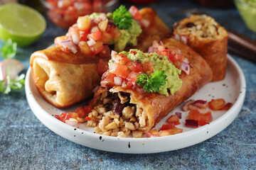 A typical dish of Mexican cuisine - Chimichanga, made of tortilla with different ingredients