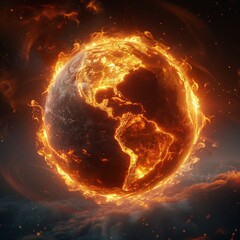 Global boiling concept with Vivid depiction of Earth with continents aflame, illustrating environmental urgency. - 795313347