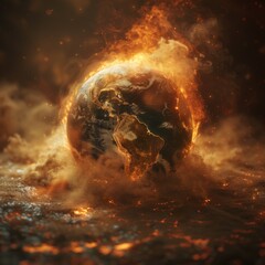 Dramatic depiction of global warming, Earth engulfed in realistic flames over dark background.