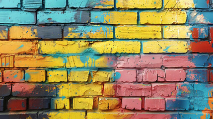 Fototapeta premium graffiti-covered brick wall, in a vibrant and urban setting, copyspace