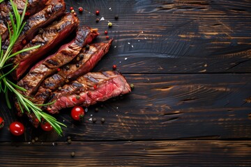 Sliced ribeye steak served on a wooden serving board, sprinkled with coarse salt, black and red peppercorns, complemented with fresh rosemary sprigs and cherry tomatoes. The board is placed on a woode - Powered by Adobe
