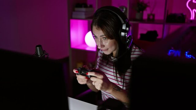 Focused woman playing video games in a colorful gaming room at night