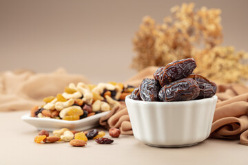 Dates and mix of various nuts and raisins.
