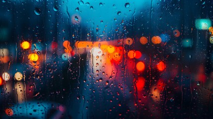 On a rainy night, a beautiful city scene unfolds, as the window, full of raindrops, reveals the city lights forming a blurry patch of light against the dark background.