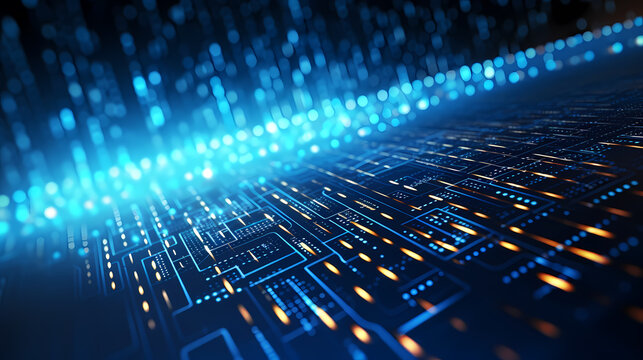 Digital data background with glowing blue lights and binary code