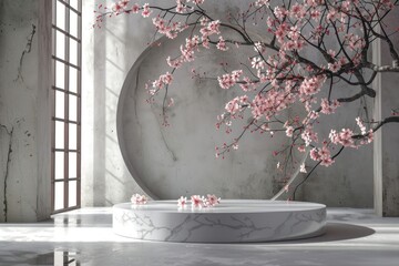 Product podium with a cherry blossom bathtub flower plant.