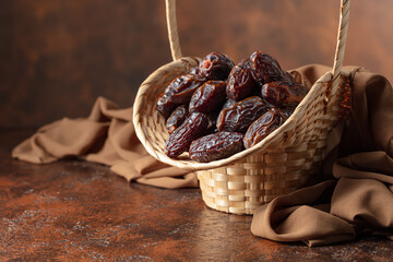 Dates in a old basket on a brown background.