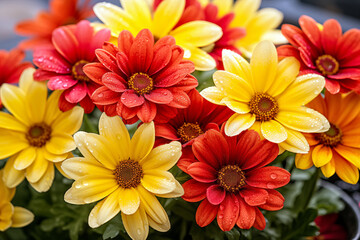 Colorful daisies with water droplets, close-up