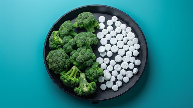 Contrasting fresh broccoli and white pills on weigh scale against blue background