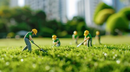 group of miniature people cutting grass on a golf course, eco sustainable clean energy future environment carbon neutral concept