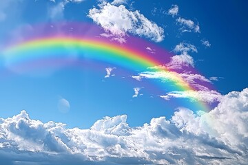 A vibrant rainbow arcing across the sky, with rain clouds parting to reveal blue skies beyond - obrazy, fototapety, plakaty