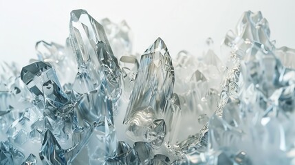 Abstract crystal formations resembling intricate ice sculptures against a clean white backdrop