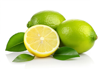 Lime with green leaves isolated on white background. Clipping path