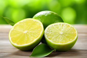 Fresh lime fruits with green leaves on wooden table and blurred background.