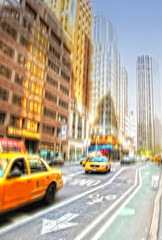 Street, city and blur of taxi, traffic and urban buildings outdoor in New York cityscape. Motion,...