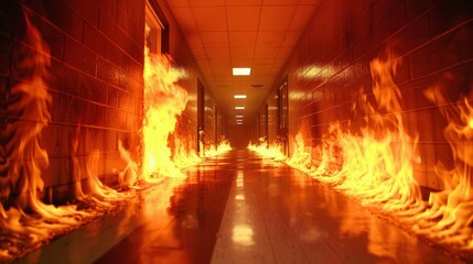 Sinister flames engulfing a high school hallway, close-up shot that captures the eerie glow and shadows, heightening the sense of dread - obrazy, fototapety, plakaty
