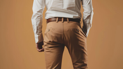 businessman wearing a white shirt and light brown pants stands with his back turned