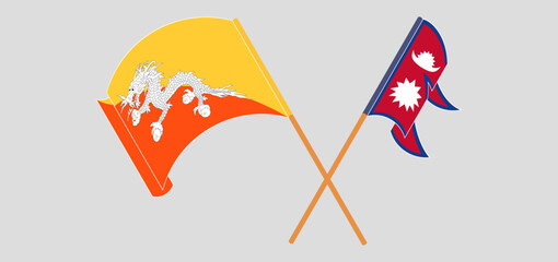 Crossed and waving flags of Bhutan and Nepal