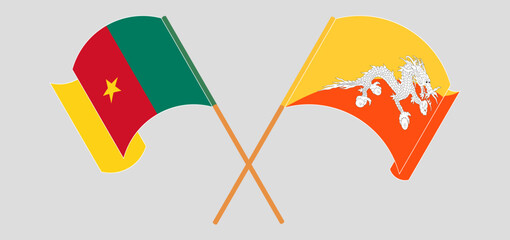 Crossed and waving flags of Cameroon and Bhutan