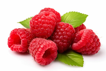 Ripe raspberries with leaves isolated on white background cutout