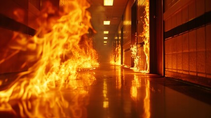 Intense close-up of flames in a high school corridor, casting ghostly shadows and creating a foreboding, haunted atmosphere