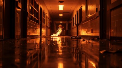 High school hallway lit only by the ominous, flickering flames, close-up shot emphasizes the play of light and shadow, enhancing the scare - obrazy, fototapety, plakaty