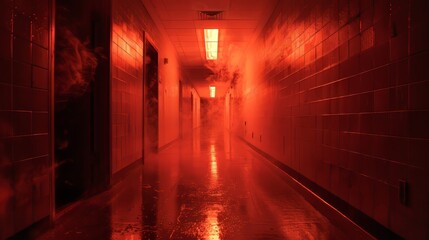 High school hallway lit only by the ominous, flickering flames, close-up shot emphasizes the play of light and shadow, enhancing the scare - obrazy, fototapety, plakaty