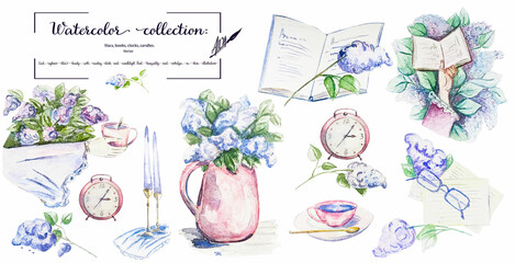 Vivid Vector Watercolor Illustration: Lilac Blooms, Reading Books, Candles, Table Clocks