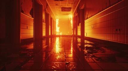 Creepy perspective of a flame-lit high school hallway, the fire casting long, sinister shadows, evoking a chilling, abandoned feel