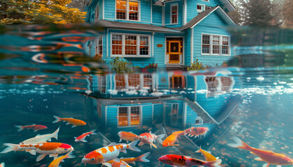 The shimmering reflection of a classic cerulean blue house in a koi pond, with colorful fish swimming below the surface.