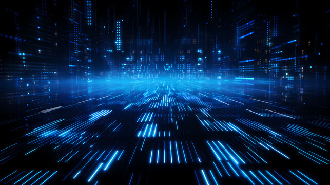 Digital data background with glowing blue lights and binary code