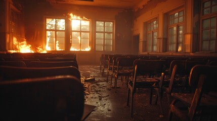 Close perspective of an empty, old-style classroom, subtle flame in the background creates a chilling and haunted atmosphere