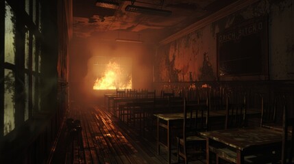 Fototapeta na wymiar Close perspective of an empty, old-style classroom, subtle flame in the background creates a chilling and haunted atmosphere
