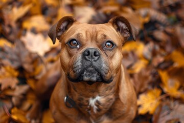 Adorable Staffordshire Bull Terrier with muscular build and affectionate nature, adding strength and loyalty to any composition - obrazy, fototapety, plakaty