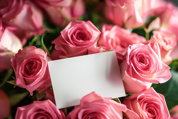 Bouquet of pink roses with blank white card for Mother's Day concept. Generative AI