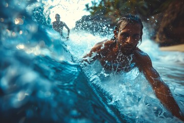 An intense image showing a muscular swimmer in mid-action, with a backdrop of a massive ocean wave propelling them forward